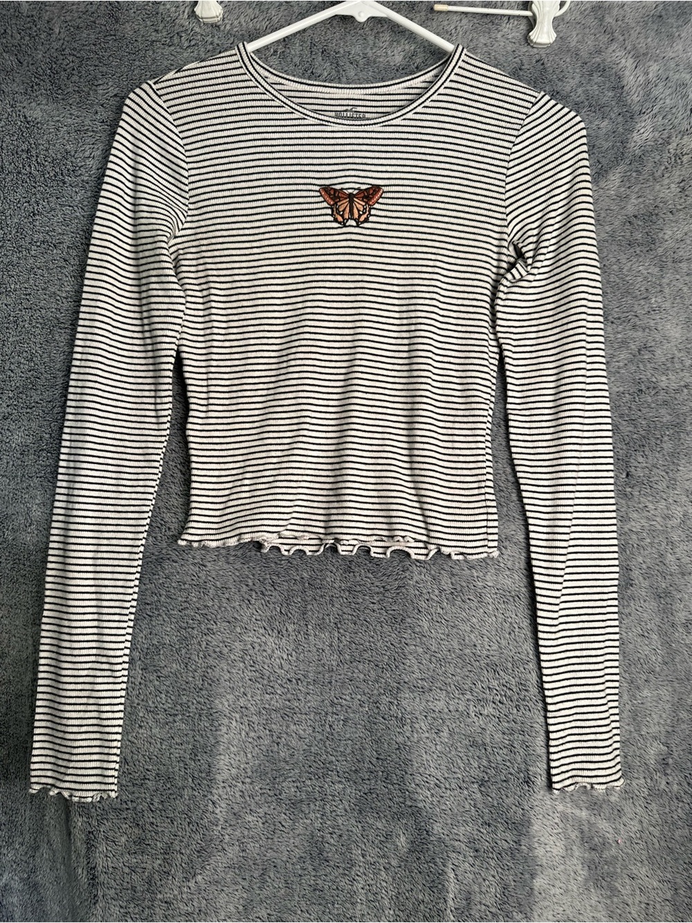 Hollister White Black Striped Long-Sleeve Crop Top with Orange Butterfly